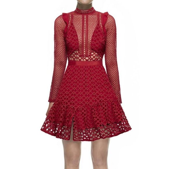 Self-Portrait Hall Lace Mini Dress Raspberry Red 10 Holiday Party Date Night